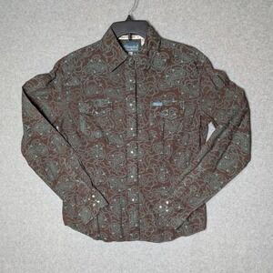 Cowgirl Hardware Womens Brown Teal Paisley Steer Skull Western Snap Shirt Large